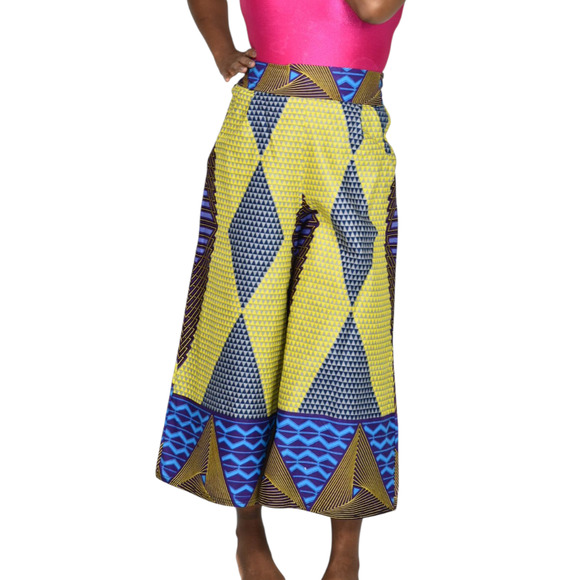 Grass Fields Ankara Wide Leg Crop Pants Yellow Gaucho African Print Small Medium - Picture 12 of 15